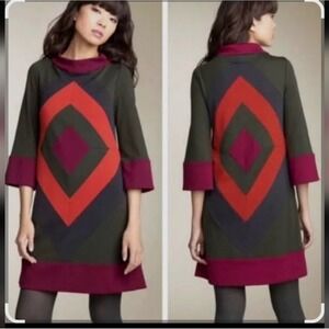 Diane von Furstenberg Wool Dress Size 8 Geometric Patchwork Crew Neck 3/4 Sleeve